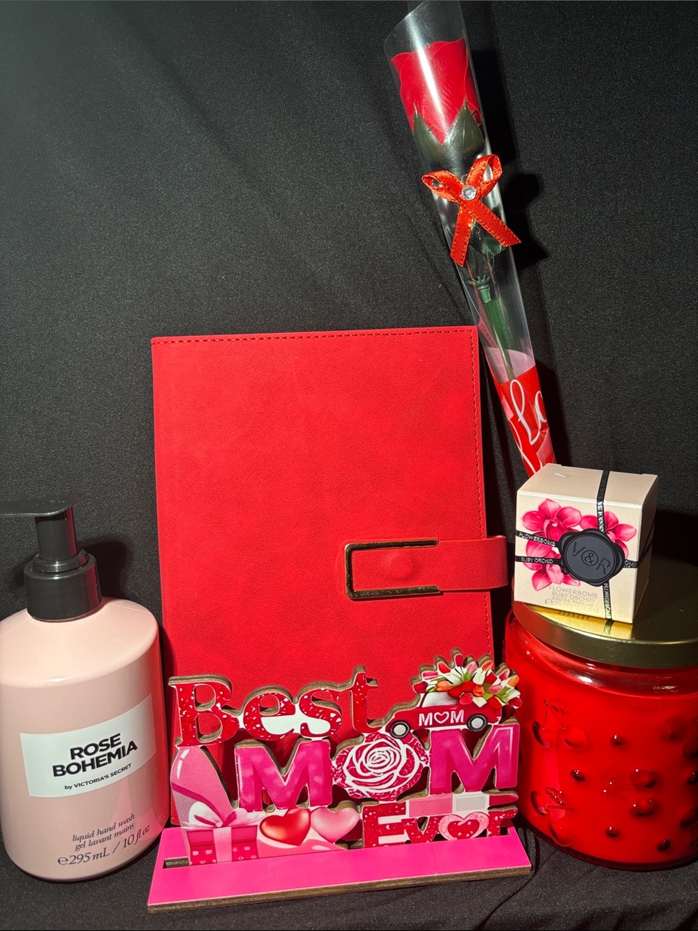 Red Faux Leather Journal with Matching Rose & Gift Set